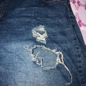 Distressed dark wash jean shorts